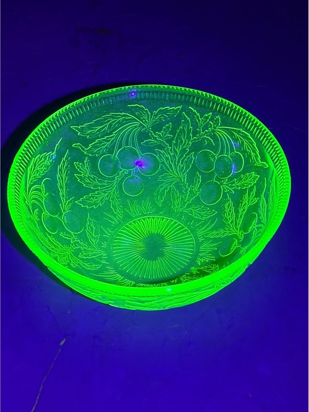 Jeannette Cherry Blossom Uranium Glass Bowl Green Depression Glass UV Glow